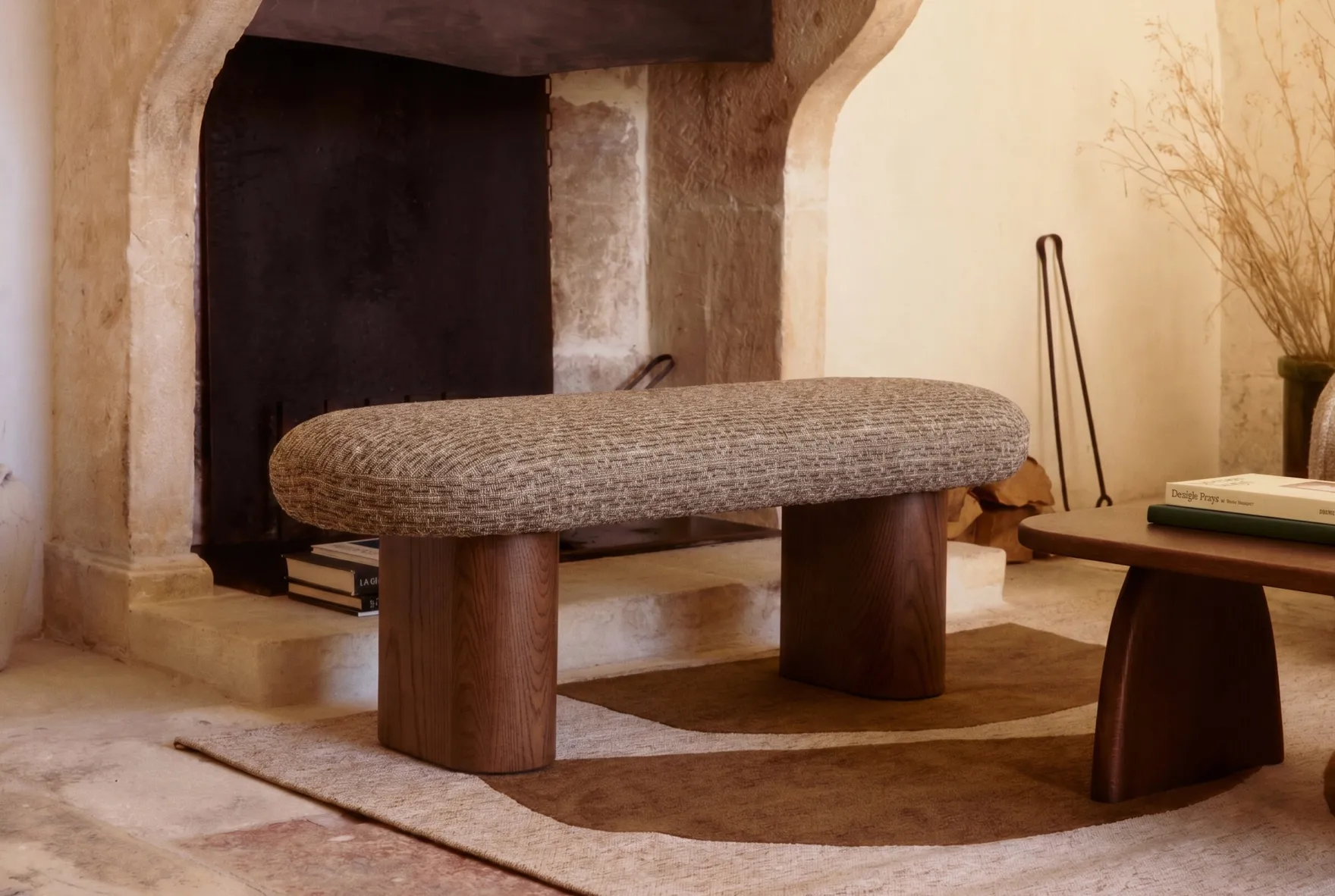 Banc, Tweed vert sauge doré & Frêne massif teinte noyer, L132.5 Popa