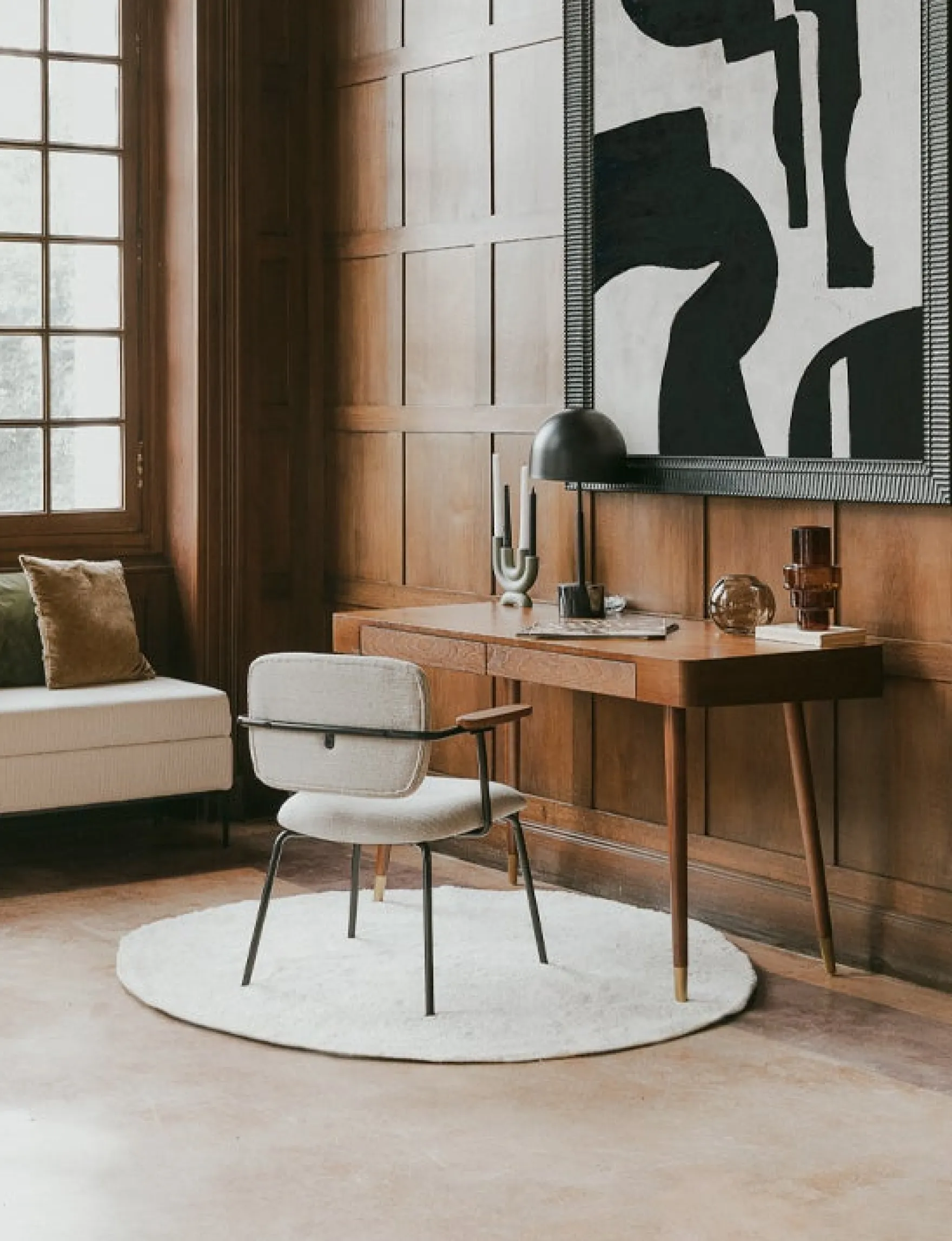 Bureau, Bois noyer & métal doré, L140 Vinyle