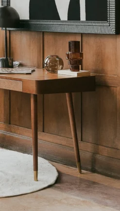 Bureau, Bois noyer & métal doré, L140 Vinyle