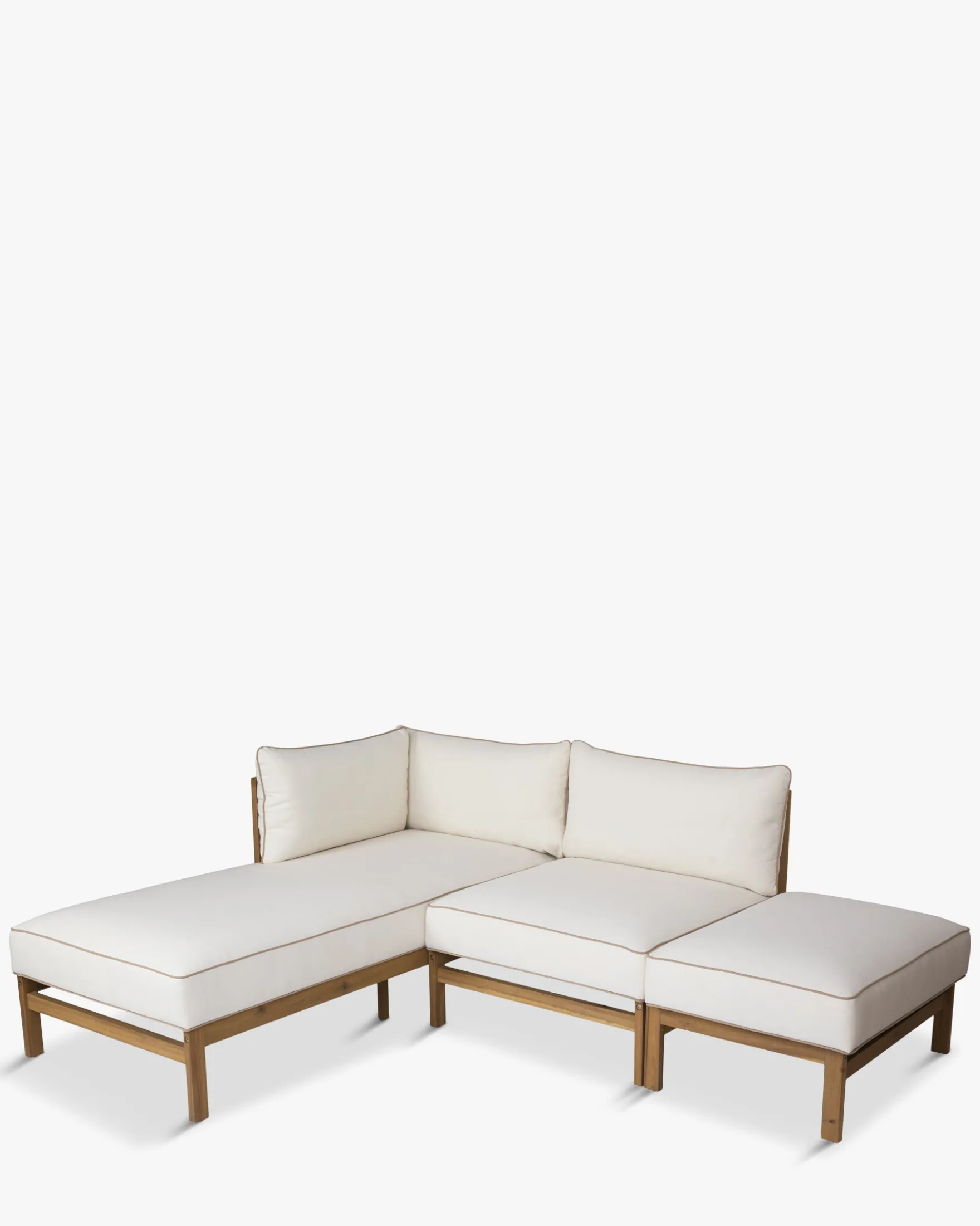 Canapé de jardin à angle gauche modulable, Blanc crème waterproof & bois d'acacia, L200 Bayside