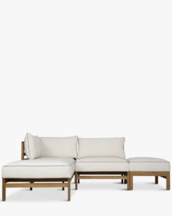Canapé de jardin à angle gauche modulable, Blanc crème waterproof & bois d'acacia, L200 Bayside