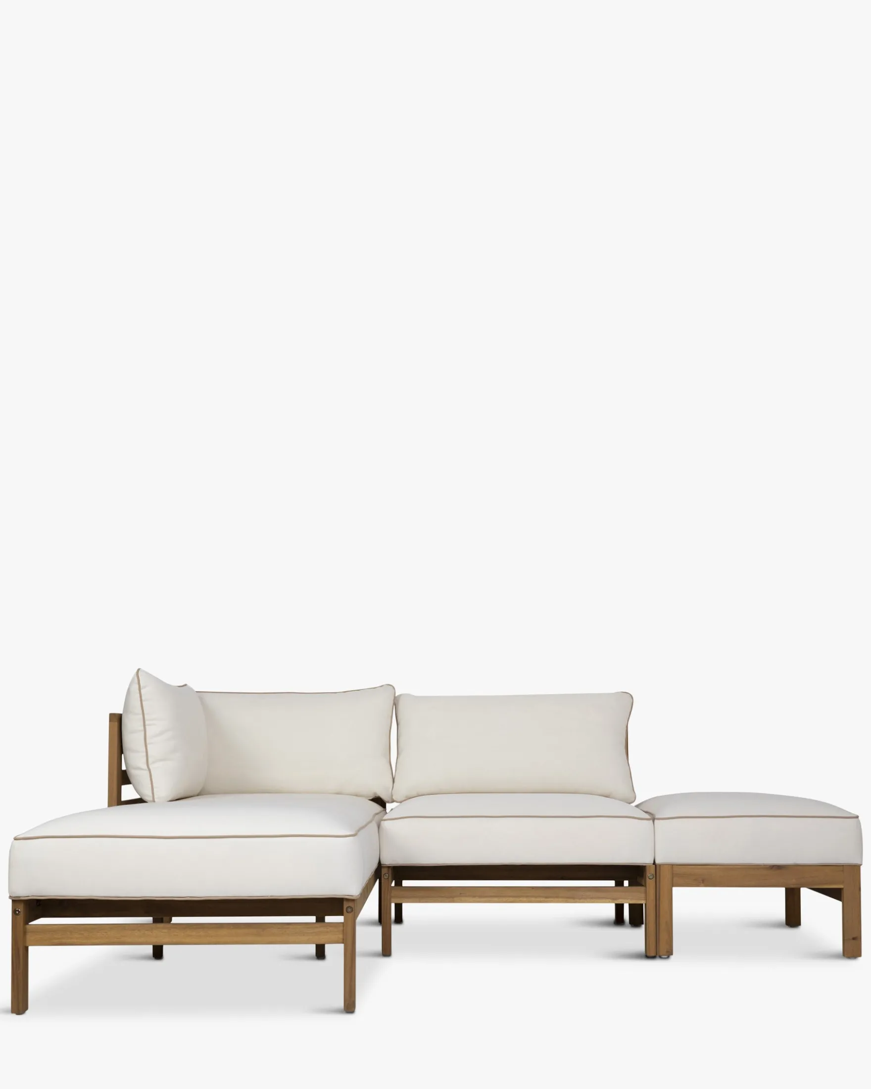 Canapé de jardin à angle gauche modulable, Blanc crème waterproof & bois d'acacia, L200 Bayside