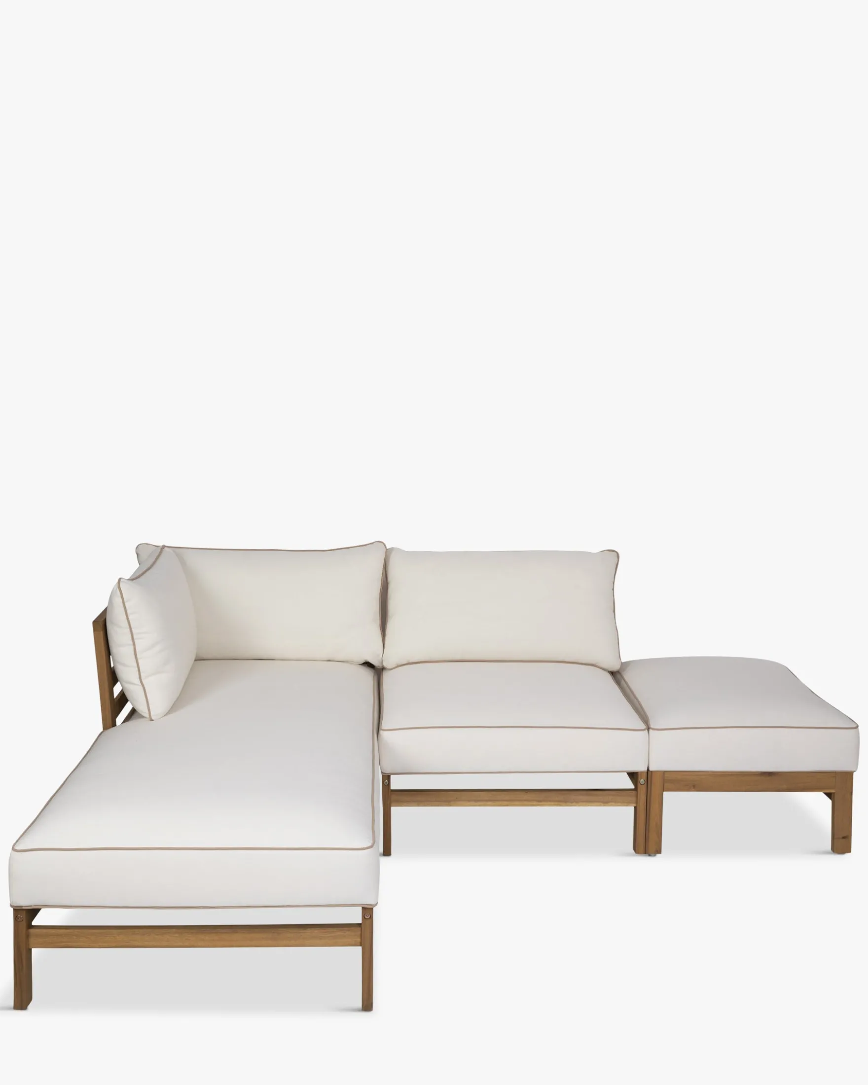 Canapé de jardin à angle gauche modulable, Blanc crème waterproof & bois d'acacia, L200 Bayside