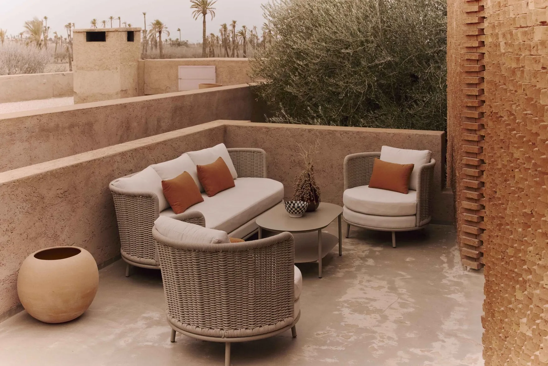 Canapé de jardin 3 places, Blanc/terracotta waterproof & métal taupe, L220 Florentino