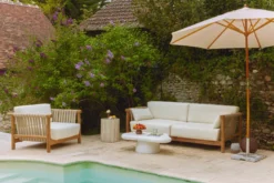 Canapé de jardin 3 places, Blanc waterproof & bois d'acacia, L223 Bexley