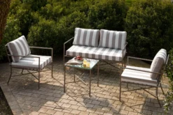 Canapé de jardin 2 places, Rayures taupe waterproof noir-blanc & métal noir, L145 Bel Air