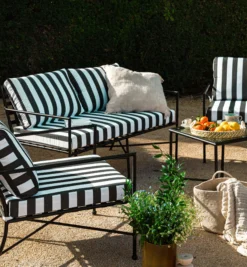 Canapé de jardin 2 places, Tissu waterproof noir-blanc & métal noir, L145 Bel Air