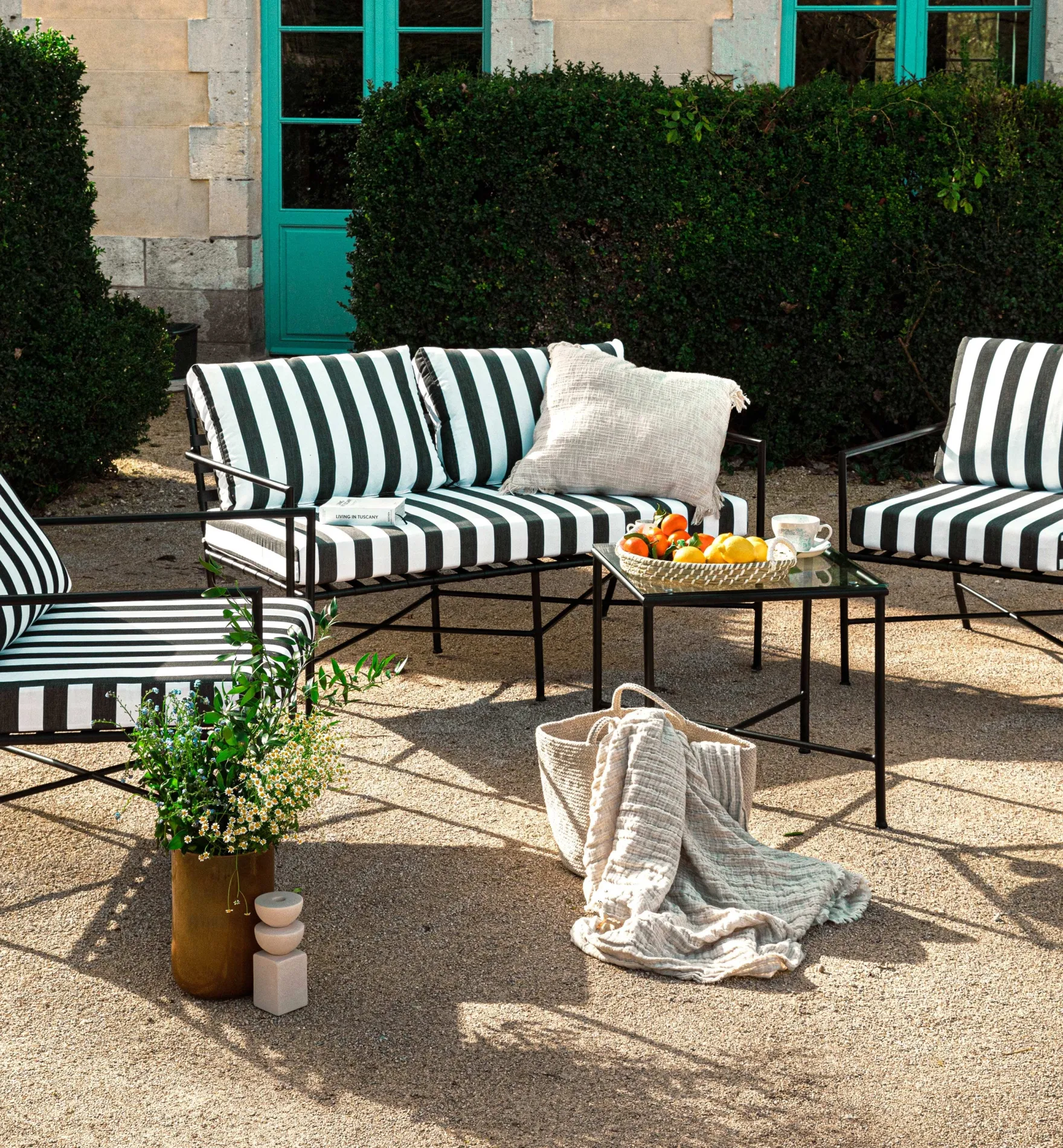 Canapé de jardin 2 places, Tissu waterproof noir-blanc & métal noir, L145 Bel Air