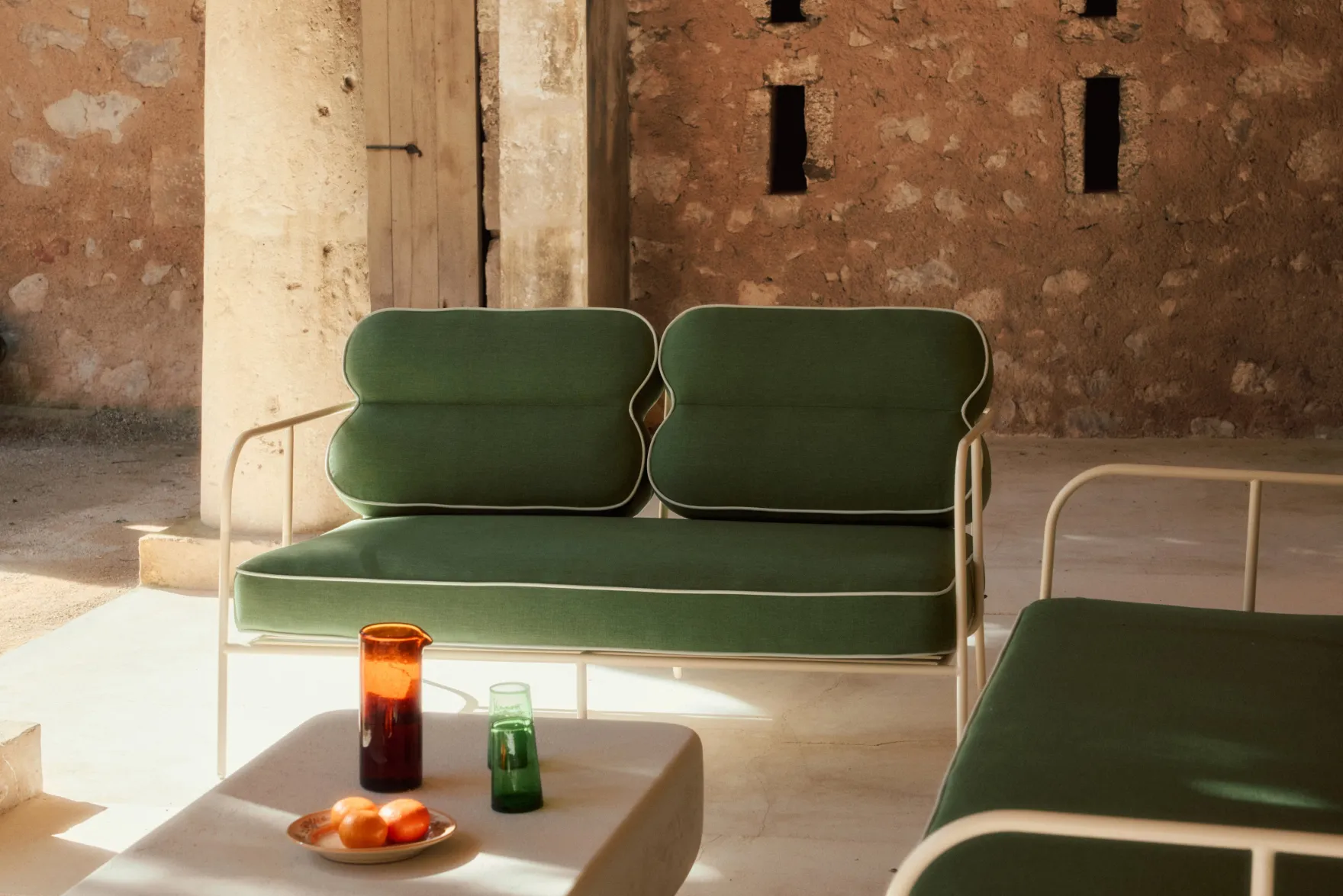 Canapé de jardin 2 places, Vert prairie & métal beige, L145 Maddalena