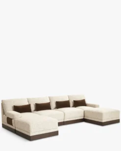 Canapé en U modulable, Tweed écru meringue & Bois teinte noyer foncé Roman