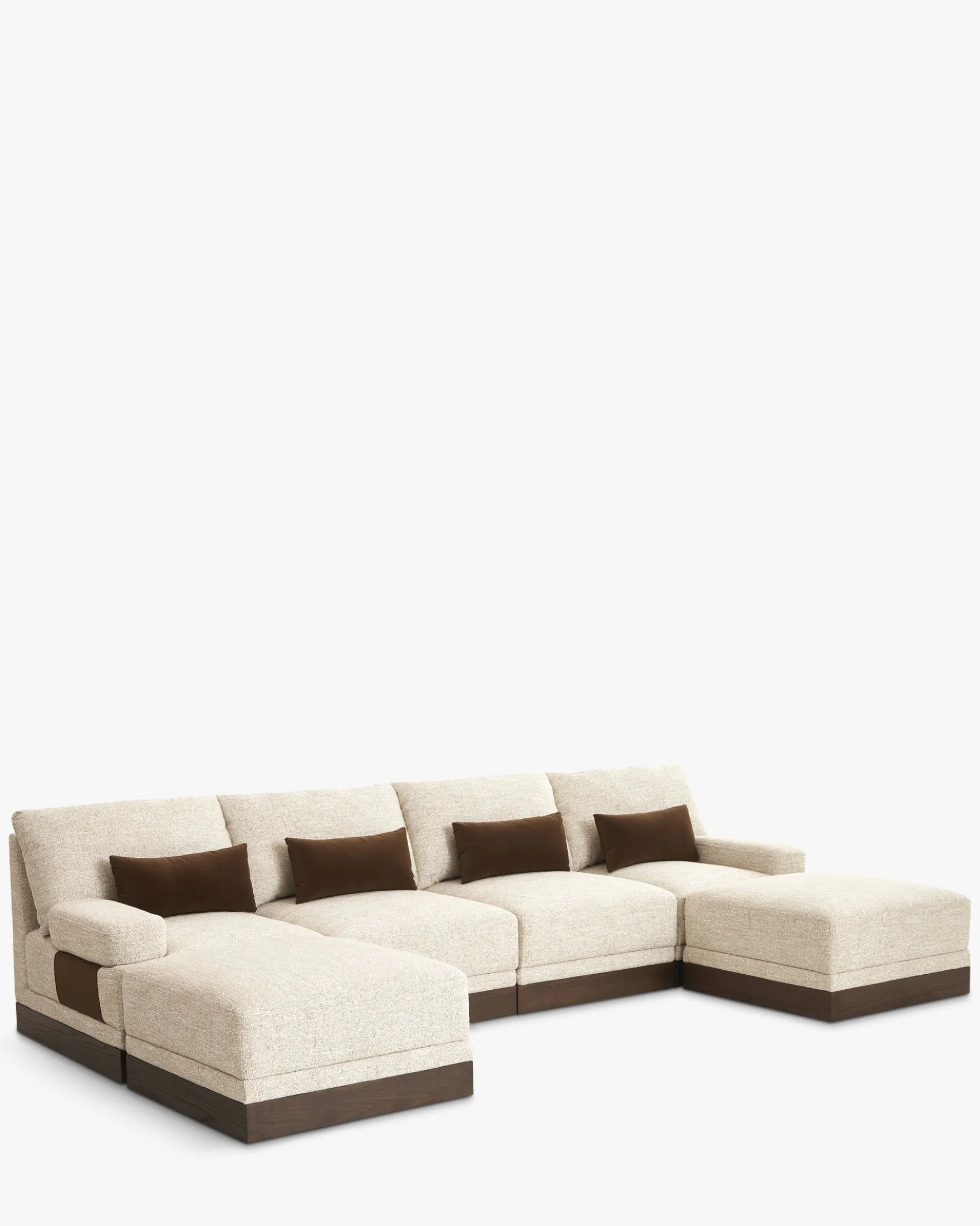 Canapé en U modulable, Tweed écru meringue & Bois teinte noyer foncé Roman