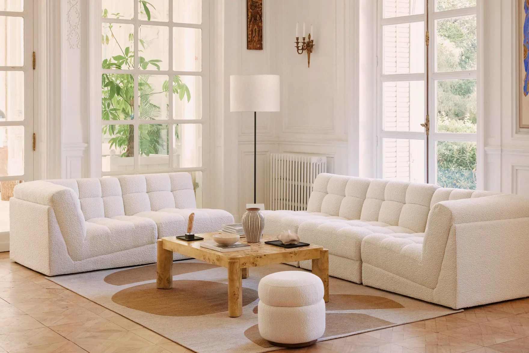 Canapé 2 places modulable, Blanc avoine bouclé, L191 Paul