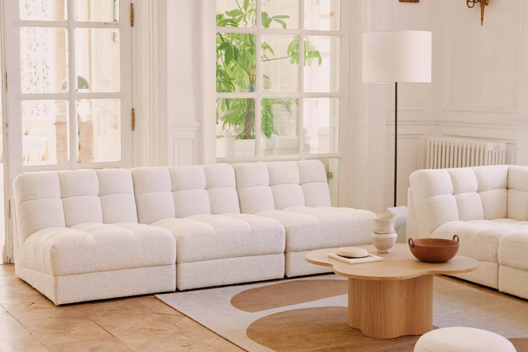 Canapé 3 places modulable, Blanc avoine bouclé, L255 Paul