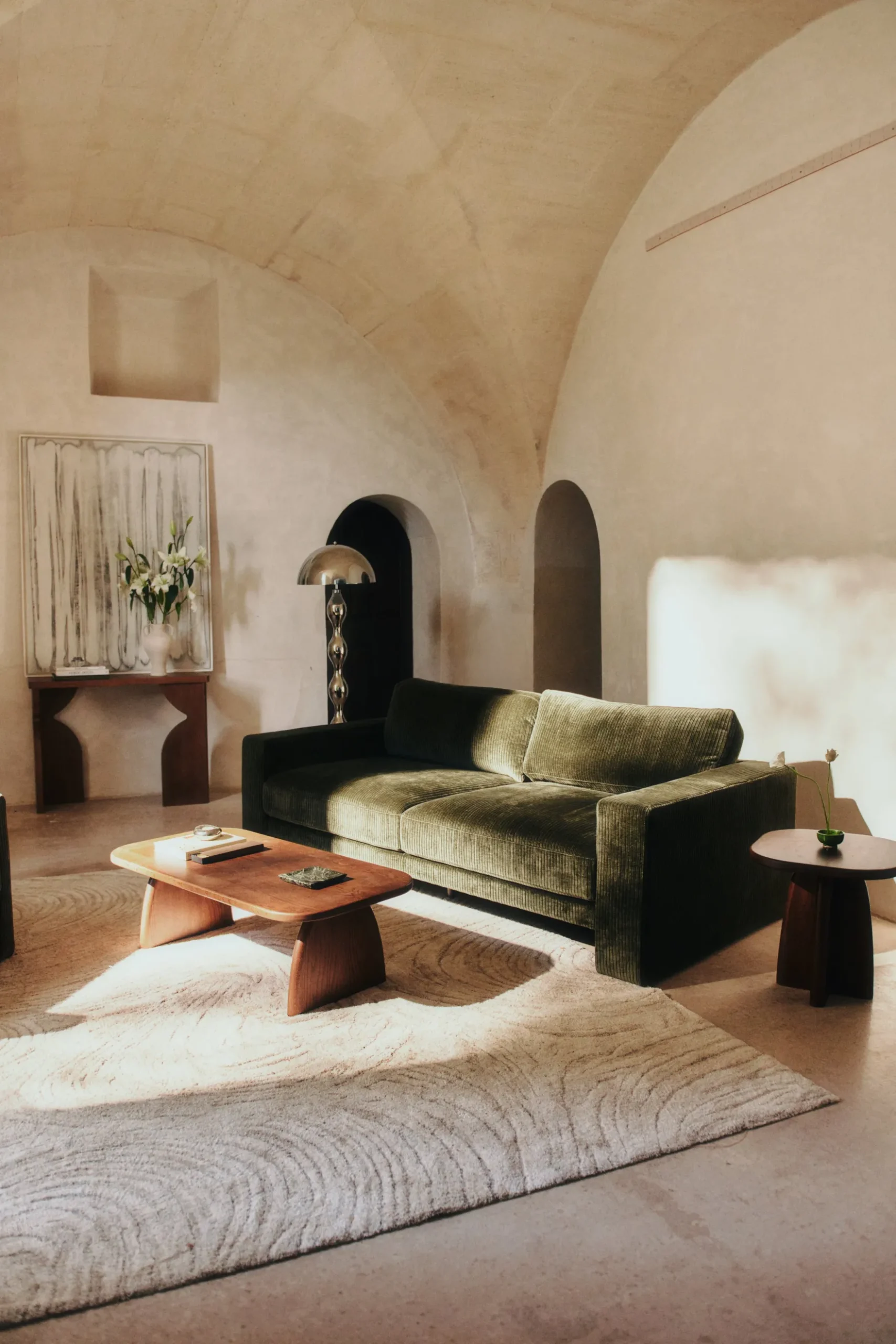 Canapé 3 places, Velours vert sapin, L220 Serena