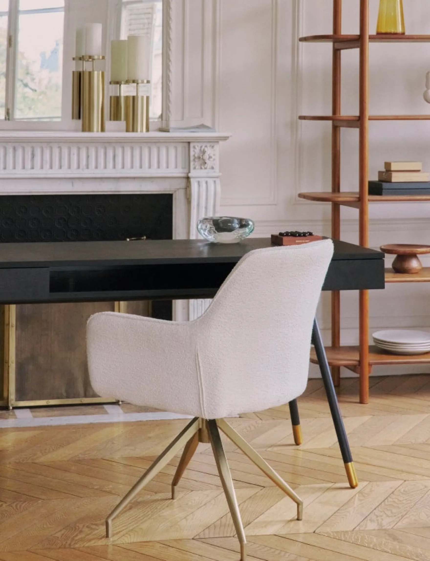 Chaise de bureau, Blanc bouclette & métal doré, 60x86 Kingscross