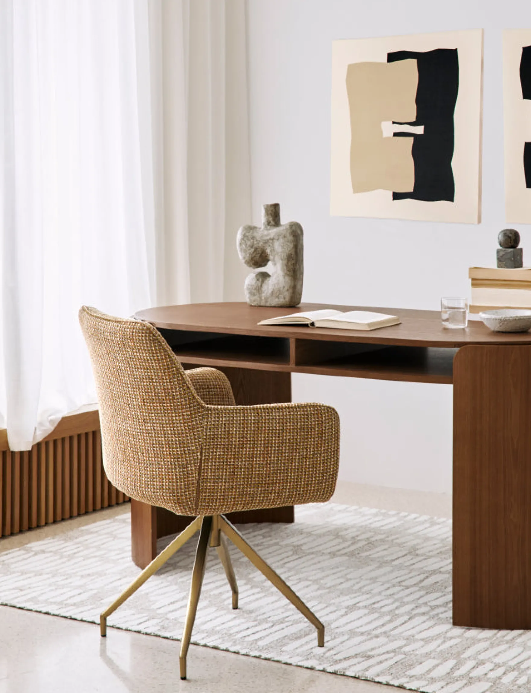 Chaise de bureau rotative, Tweed jaune miami & métal doré, 60x86 Kingscross