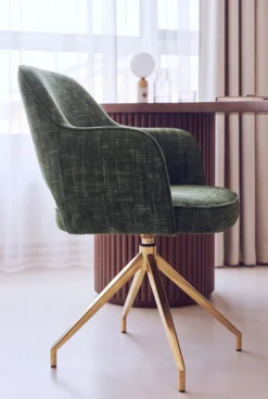 Chaise de bureau rotative, Tweed vert & métal doré, 60x86 Luthor