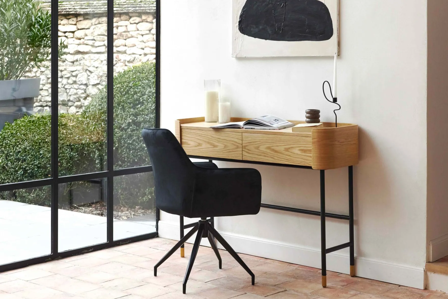 Chaise de bureau rotative, Velours nuit noire & métal noir, 60x86 Kingscross