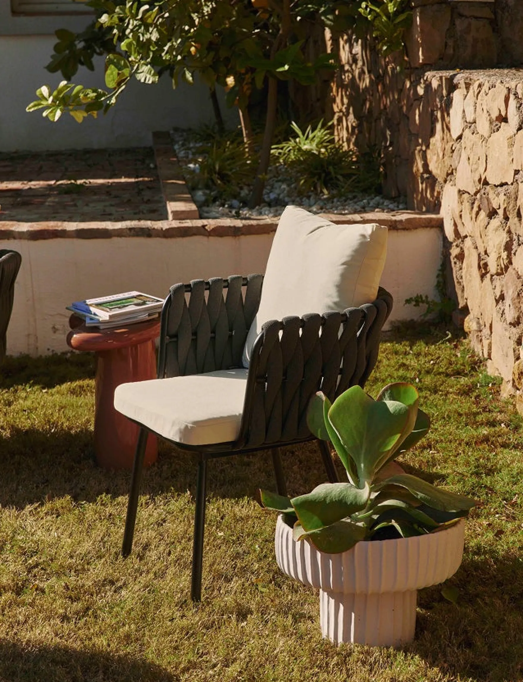 Chaise de jardin, Blanc écru, cordage noir & métal noir, 65x85 Hamptons