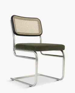 Chaise design, Velours Vert Bouteille, Cannage & Métal Chromé Uberto