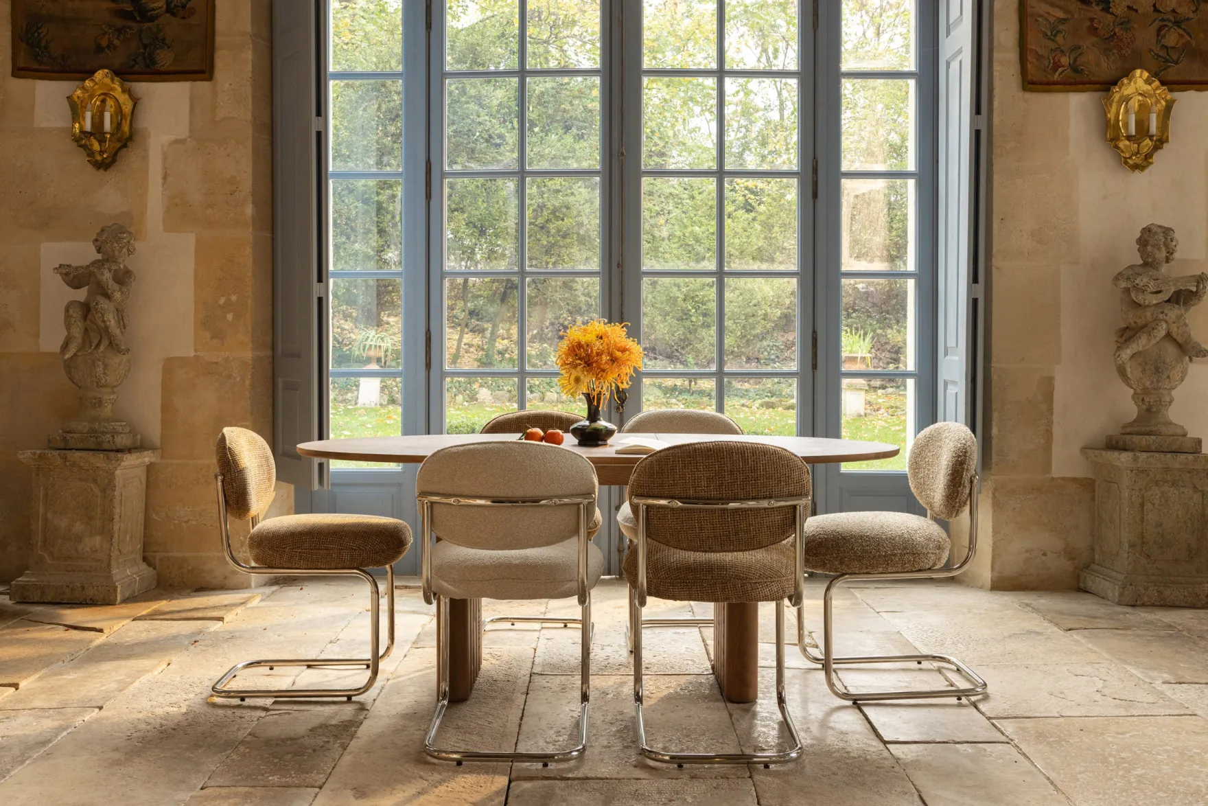 Chaise, Tweed beige nougat & métal chromé Amberta