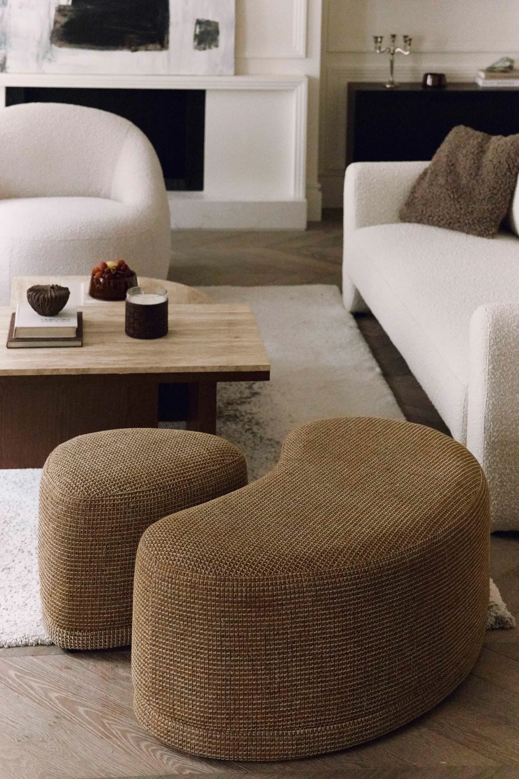 Ensemble banc + pouf, Tweed jaune Miami Enzo