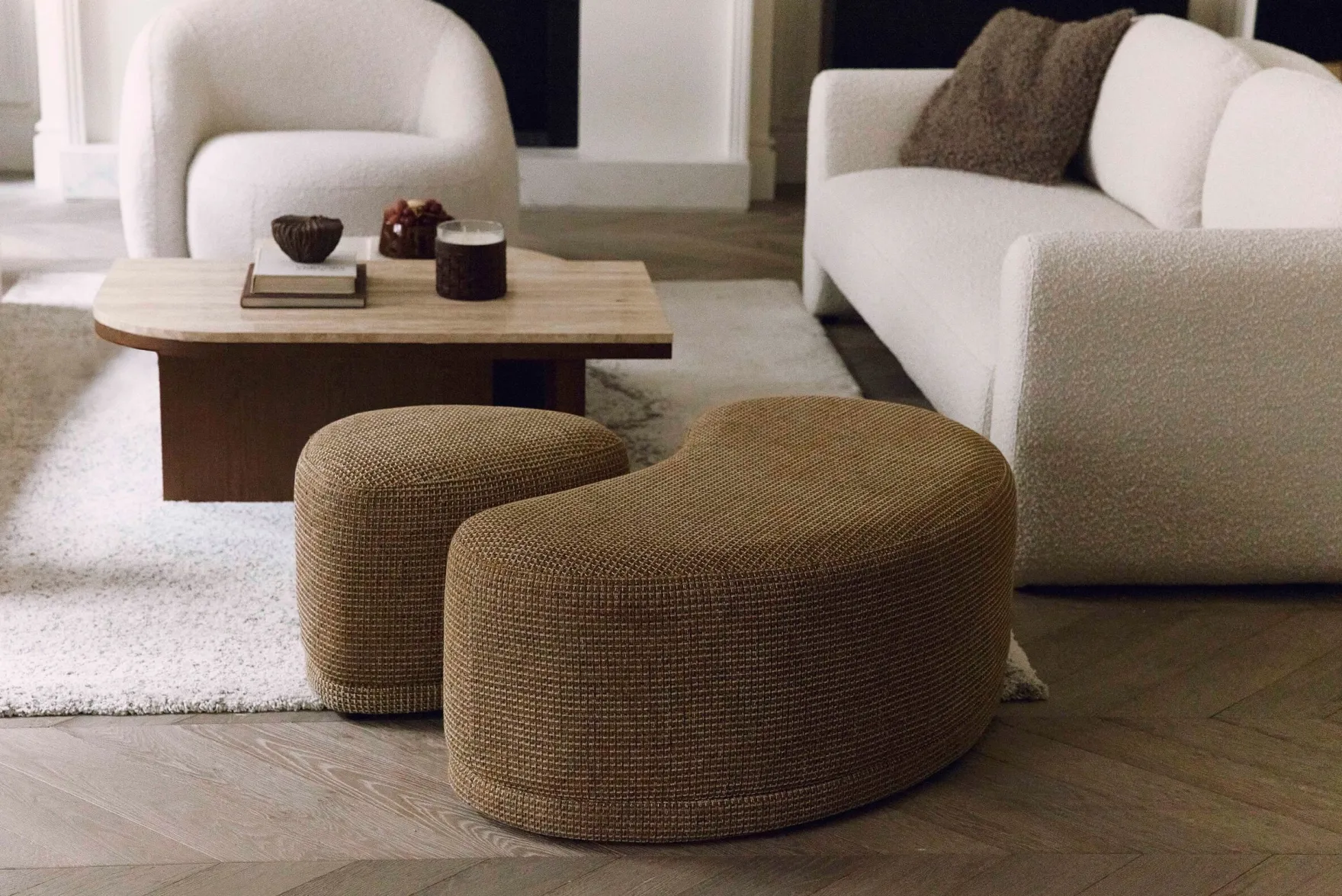Ensemble banc + pouf, Tweed jaune Miami Enzo
