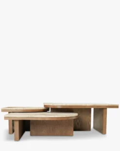 Ensemble de 3 tables basses gigognes, Travertin waterproof & bois de frêne teinte noyer Highland S, Highland M, Highland L