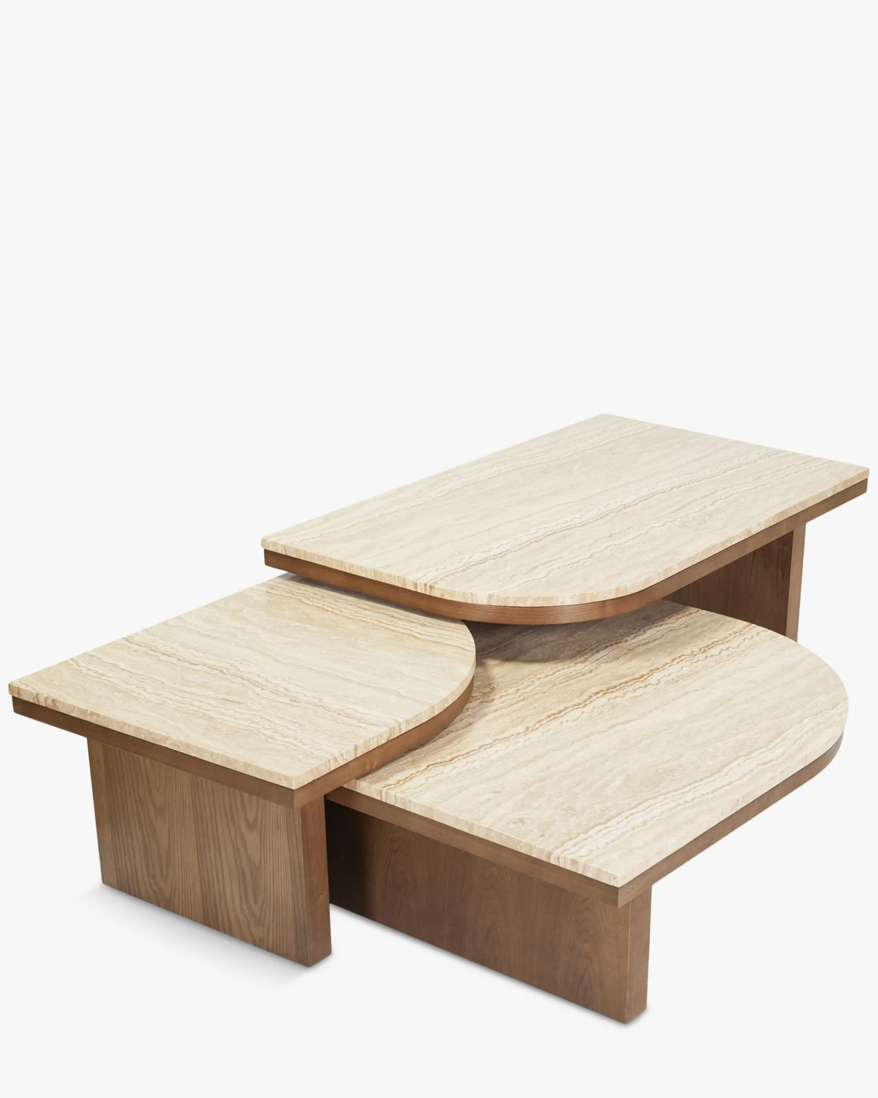 Ensemble de 3 tables basses gigognes, Travertin waterproof & bois de frêne teinte noyer Highland S, Highland M, Highland L
