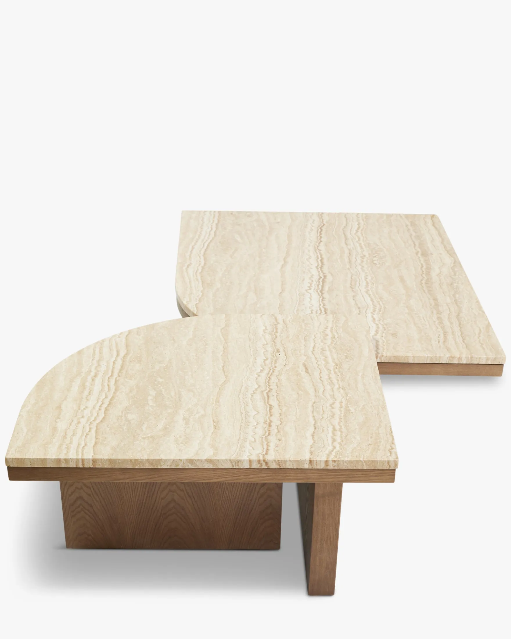 Ensemble de 2 tables basses gigognes, Travertin waterproof & bois de frêne teinte noyer Highland S, Highland M