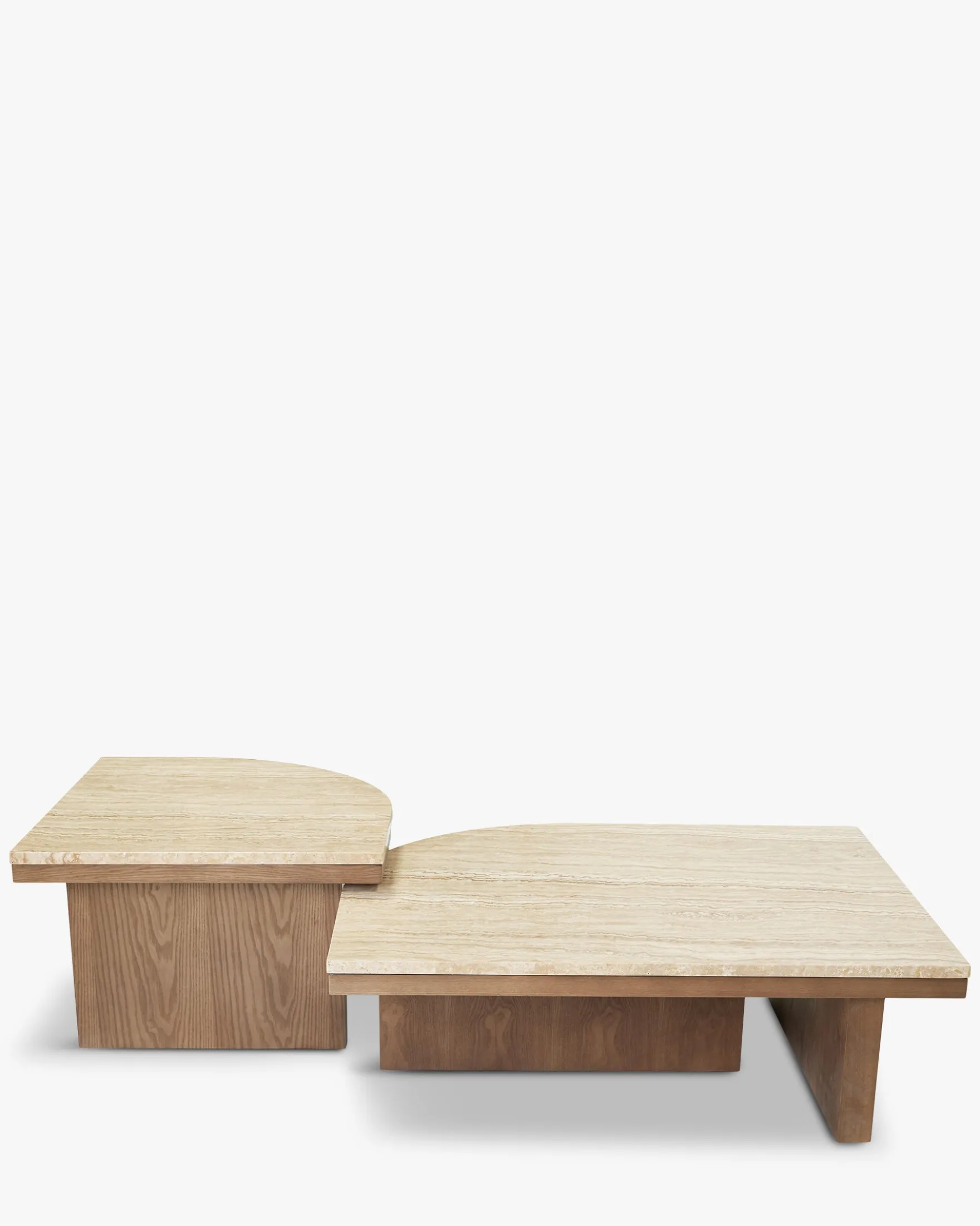 Ensemble de 2 tables basses gigognes, Travertin waterproof & bois de frêne teinte noyer Highland S, Highland M