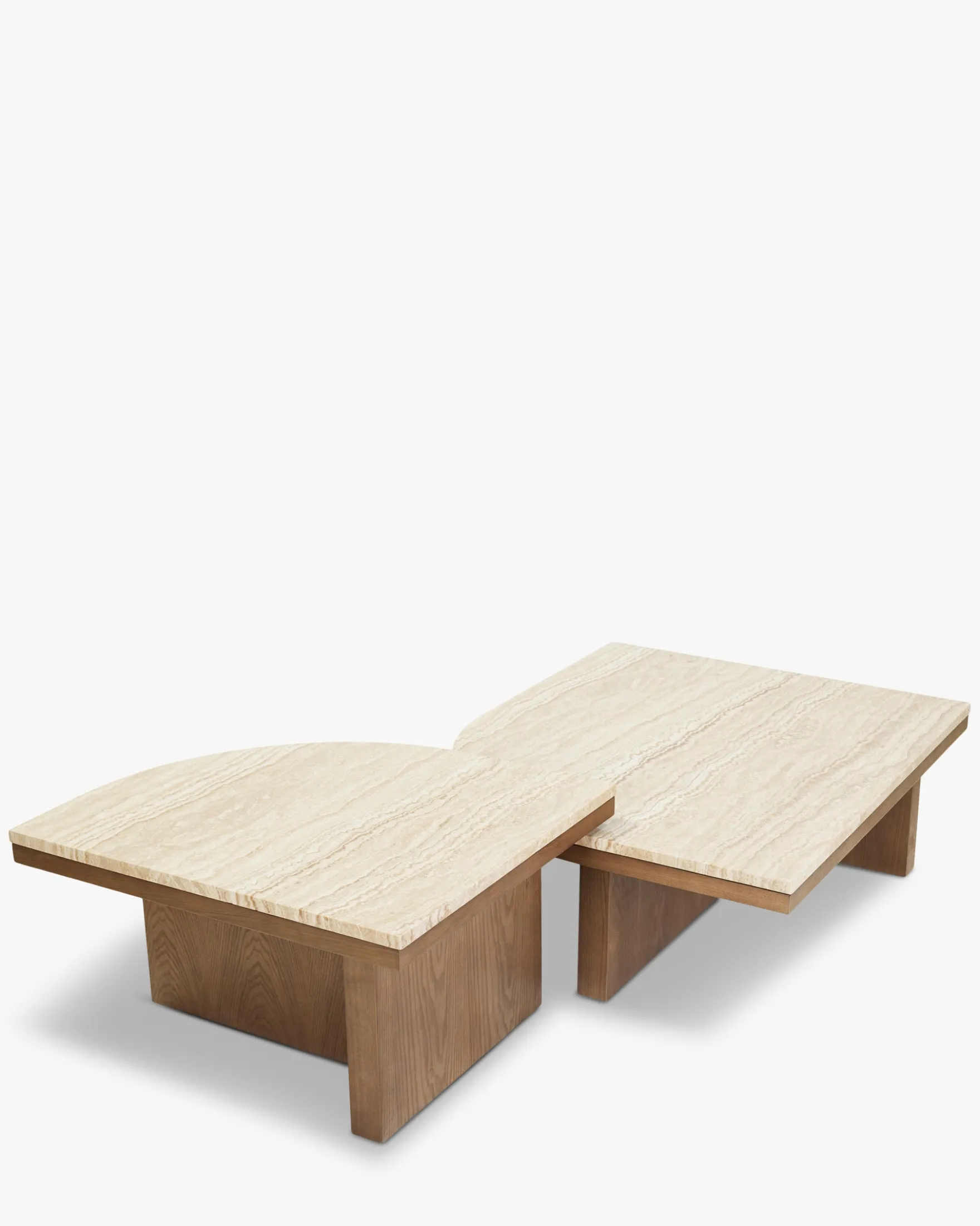 Ensemble de 2 tables basses gigognes, Travertin waterproof & bois de frêne teinte noyer Highland S, Highland M