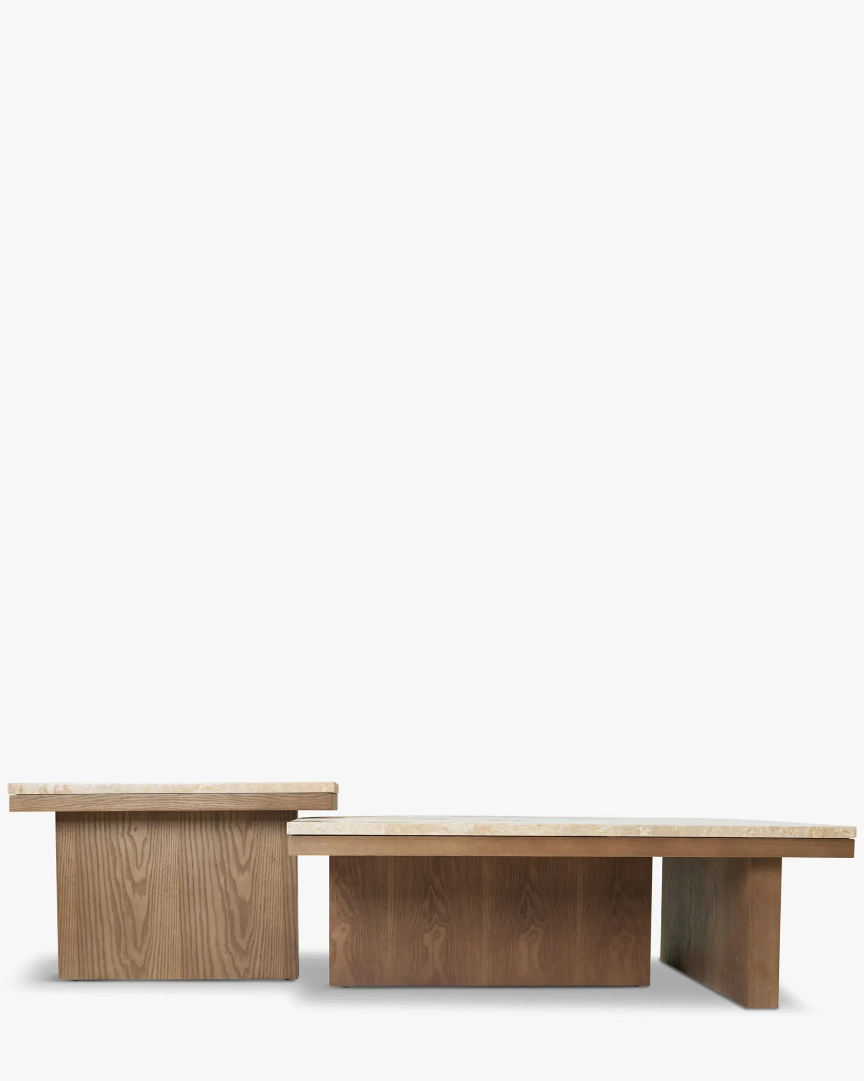 Ensemble de 2 tables basses gigognes, Travertin waterproof & bois de frêne teinte noyer Highland S, Highland M