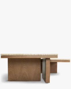 Ensemble de 2 tables basses gigognes, Travertin waterproof & bois de frêne teinte noyer Highland S, Highland M
