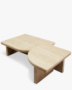 Ensemble de 2 tables basses gigognes, Travertin waterproof & bois de frêne teinte noyer Highland S, Highland M
