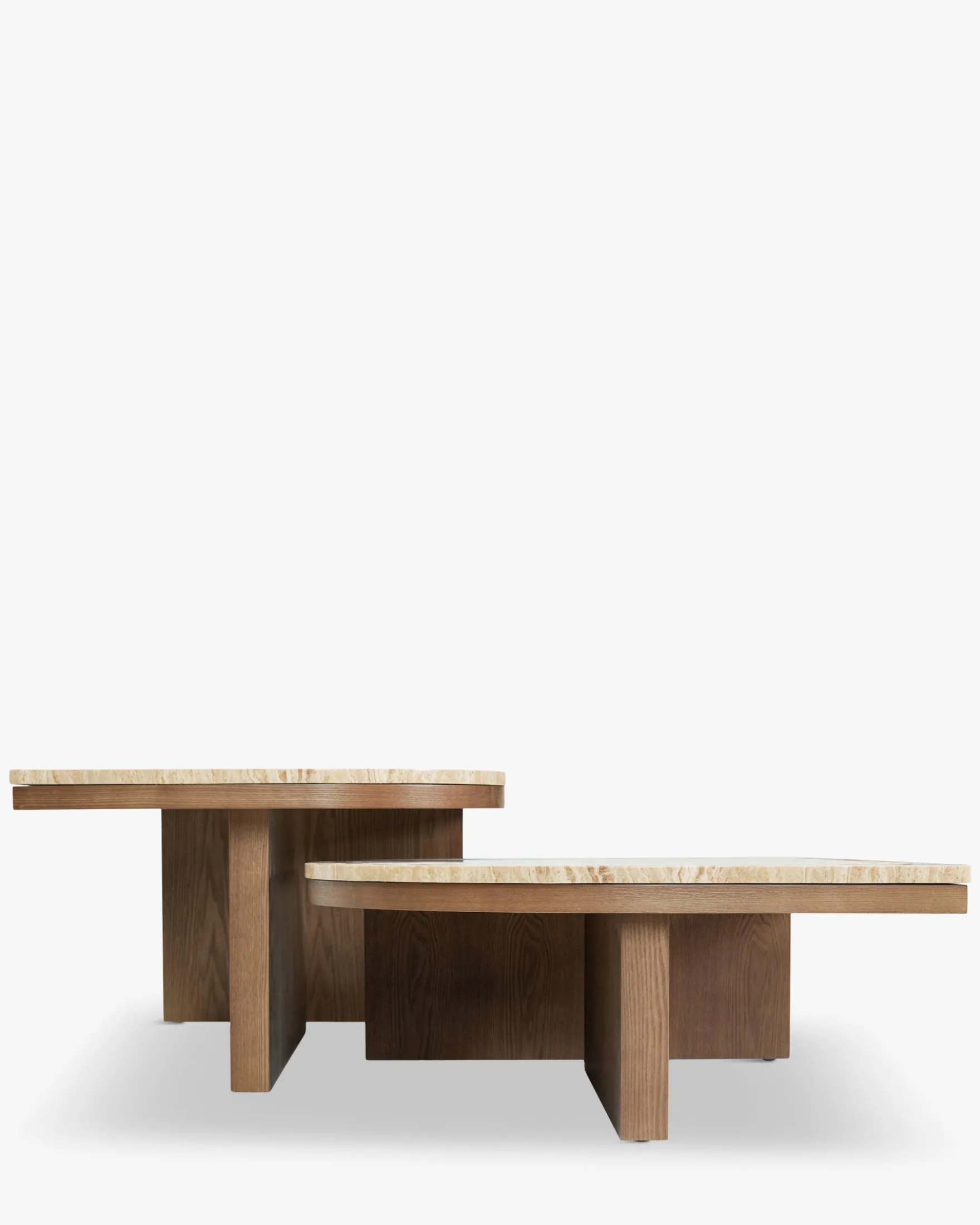 Ensemble de 2 tables basses gigognes, Travertin waterproof & bois de frêne teinte noyer Highland M, Highland L