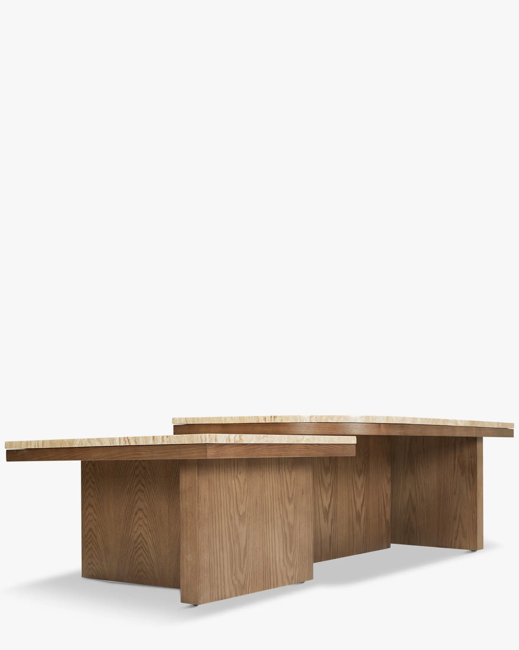 Ensemble de 2 tables basses gigognes, Travertin waterproof & bois de frêne teinte noyer Highland S, Highland L