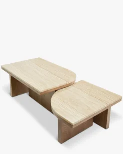 Ensemble de 2 tables basses gigognes, Travertin waterproof & bois de frêne teinte noyer Highland S, Highland L