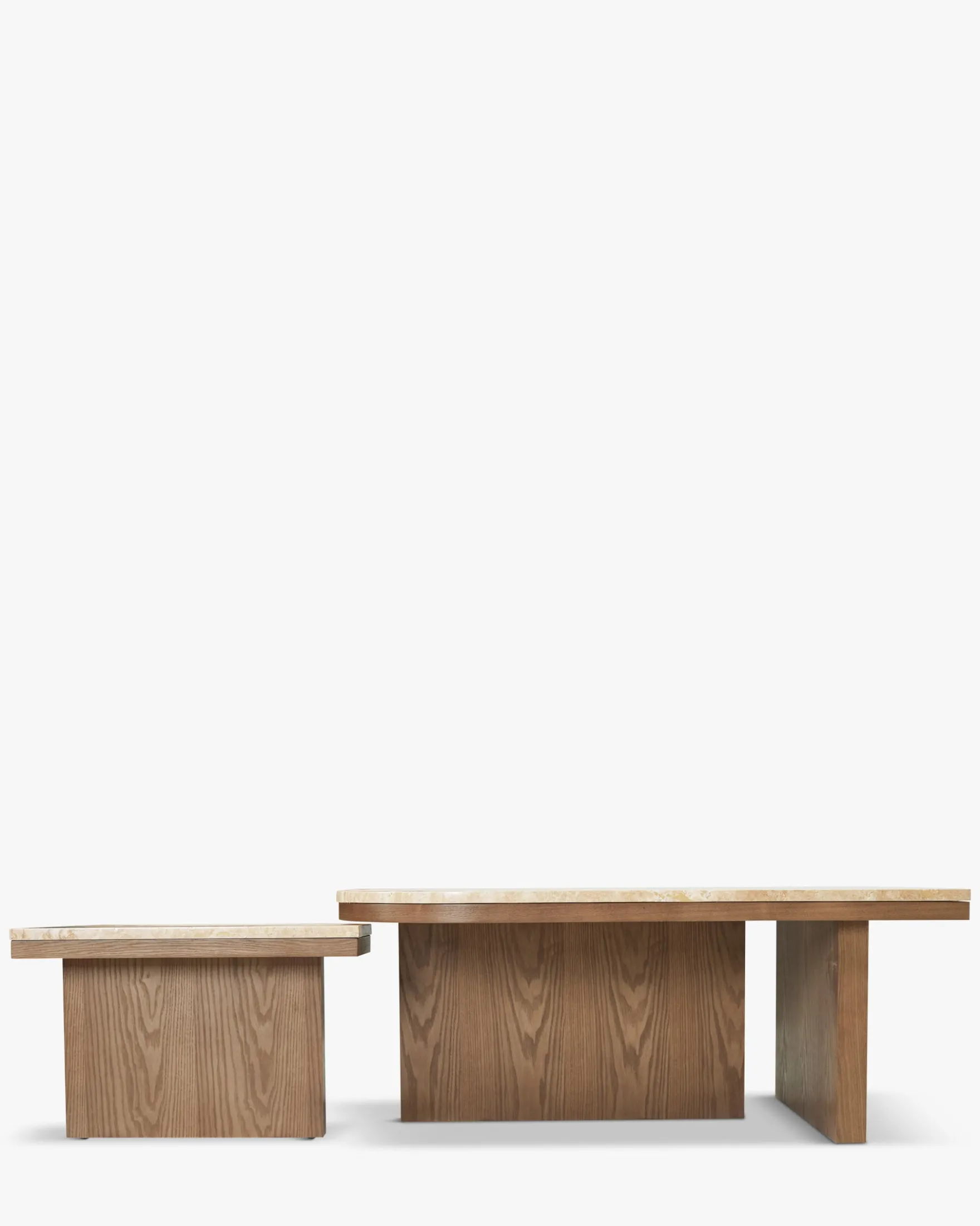 Ensemble de 2 tables basses gigognes, Travertin waterproof & bois de frêne teinte noyer Highland S, Highland L
