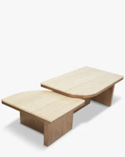 Ensemble de 2 tables basses gigognes, Travertin waterproof & bois de frêne teinte noyer Highland S, Highland L