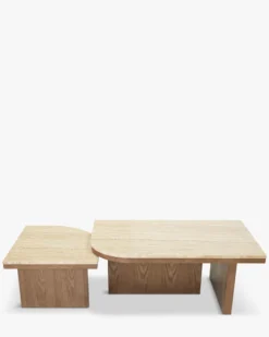 Ensemble de 2 tables basses gigognes, Travertin waterproof & bois de frêne teinte noyer Highland S, Highland L