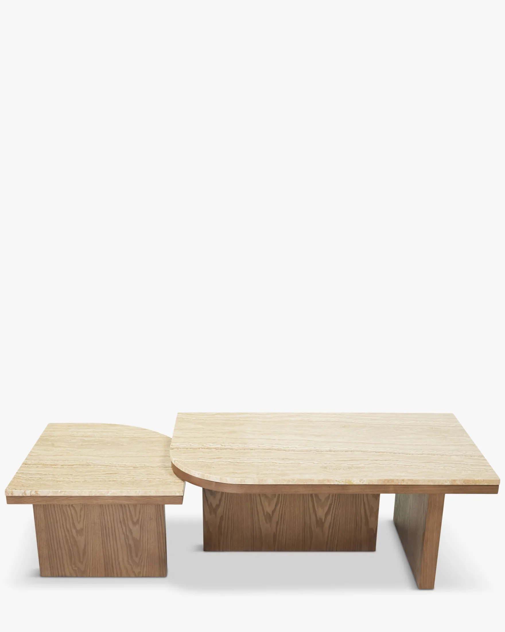Ensemble de 2 tables basses gigognes, Travertin waterproof & bois de frêne teinte noyer Highland S, Highland L