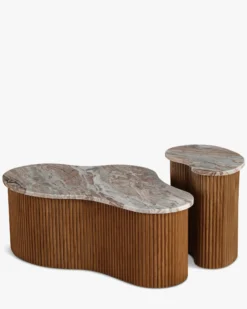 Ensemble de 2 tables gigognes, Marbre Kanta rouge & noyer Isleta