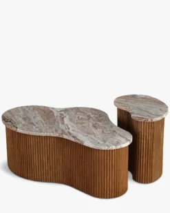 Ensemble de 2 tables gigognes, Marbre Kanta rouge & noyer Isleta