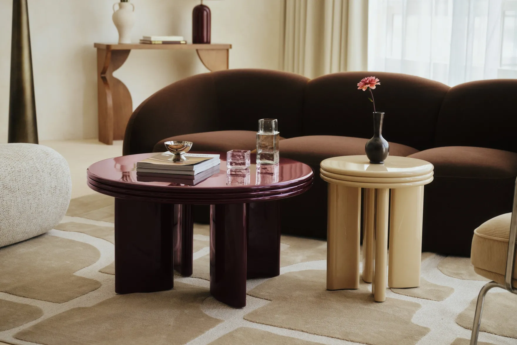 Ensemble table basse + table d'appoint, Bordeaux & Beige, Bois finition glossy Mira