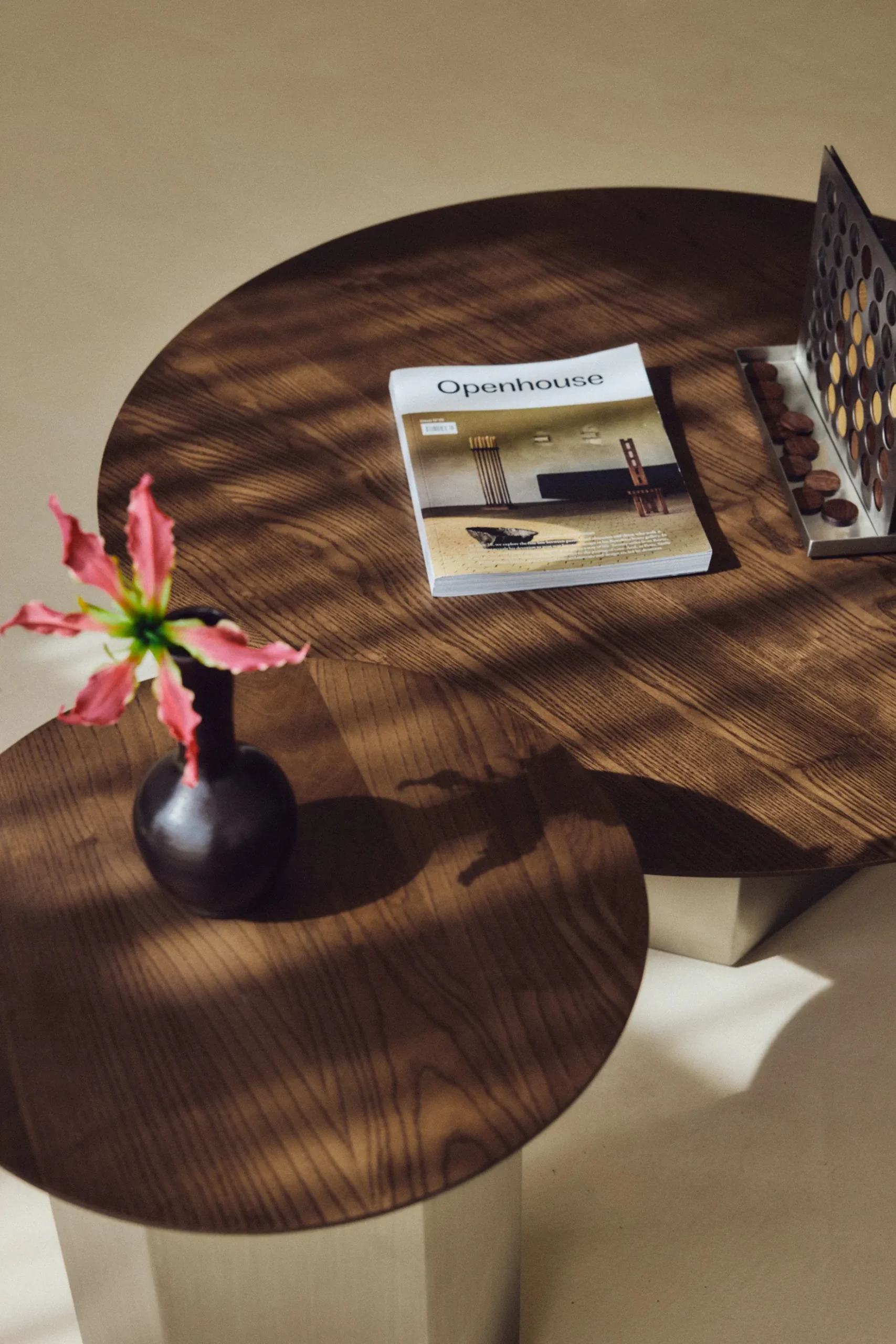 Ensemble Table basse + Table d'appoint, Bois de frêne teinte noyer & Acier inoxydable Hexa
