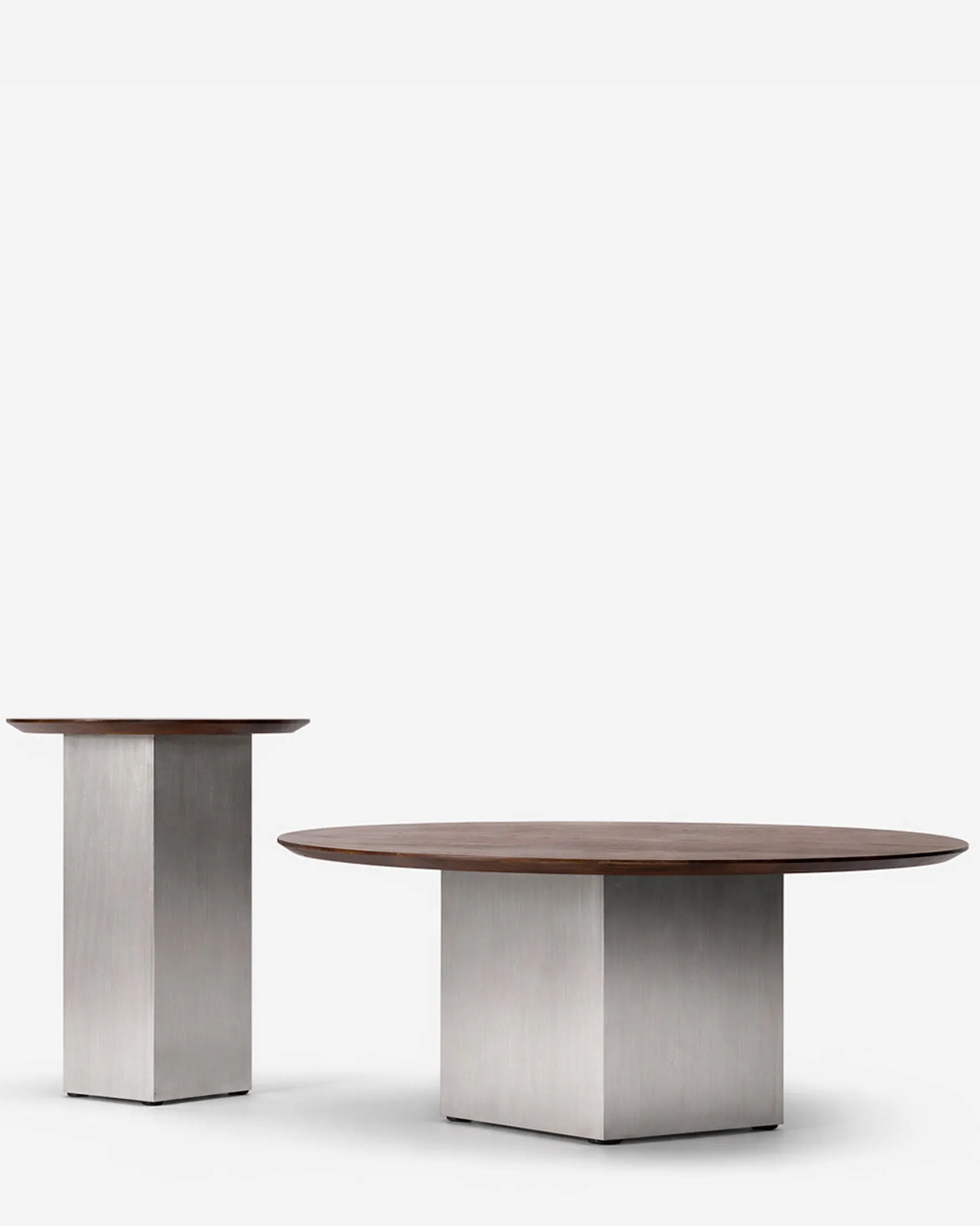 Ensemble Table basse + Table d'appoint, Bois de frêne teinte noyer & Acier inoxydable Hexa