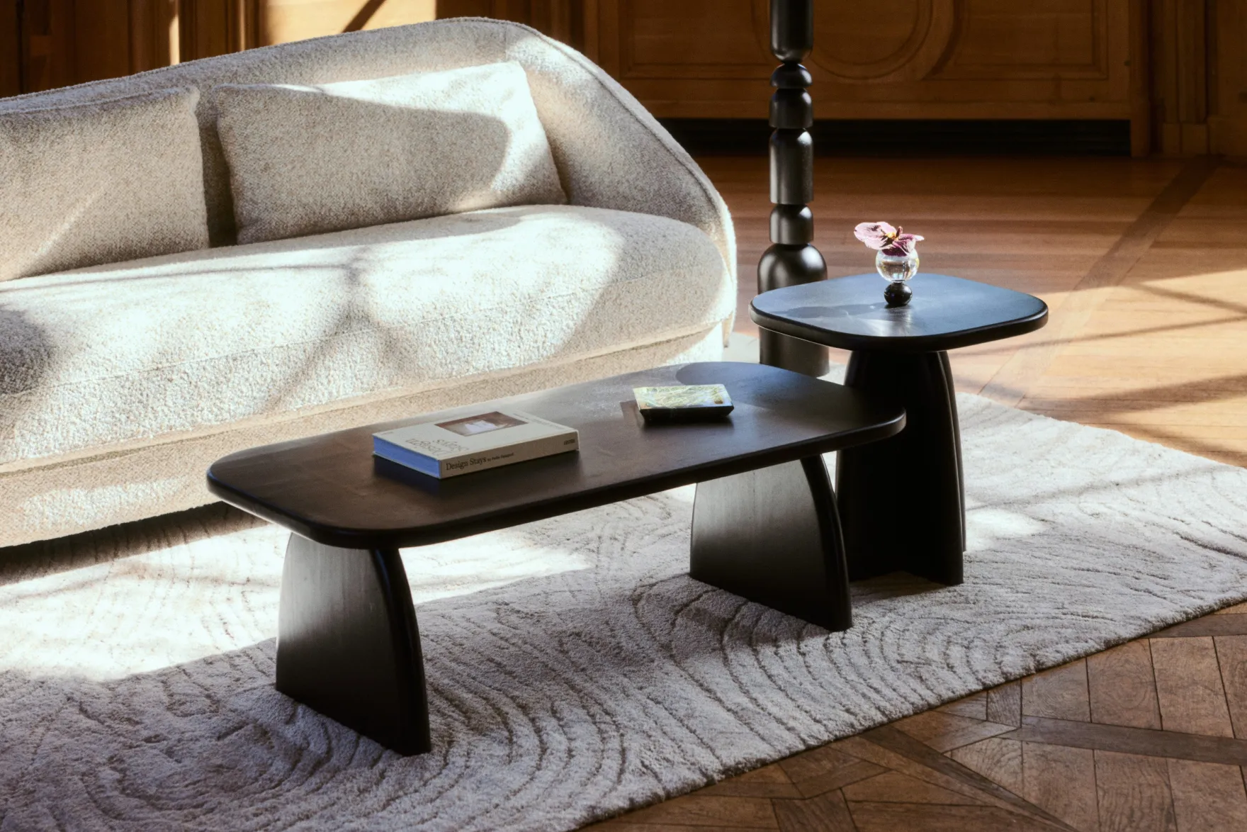 Ensemble table basse + table d'appoint, Bois d'hévéa massif teinte noire Ellios