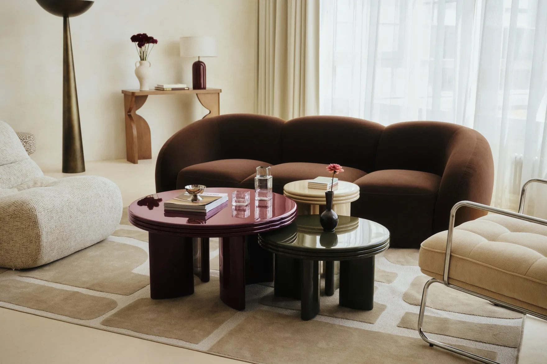 Ensemble tables basses + table d'appoint, Bordeaux & Kaki, Bois finition glossy Mira