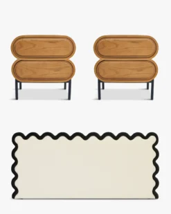 Ensemble 2 tables de chevet + tête de lit, Ecru peluche Monaco + Aria